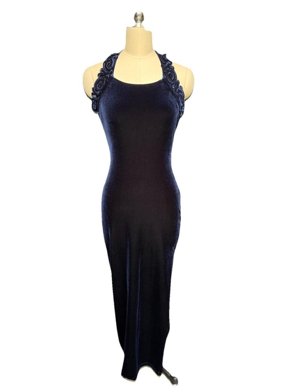 Vintage Morgan And Co Blue Velour Gown Dress Maxi Sz 3/4 Or Xs S Stretchy